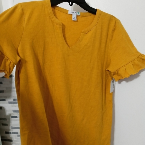 Nine West Women's Short Ruffled Sleeves V neck Deep Yellow Blouse NWT - Picture 7 of 9
